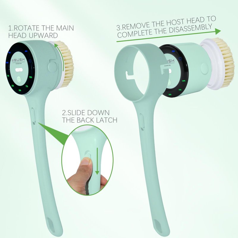 Electric Body Brush Back Scrubber, Waterproof Long-Handle 5-Head Electric Body Scrubber, Rechargeable Bath Brush and 3 Types of Speed Body scrubbe，for Cleaning Massaging and exfoliating (Green)