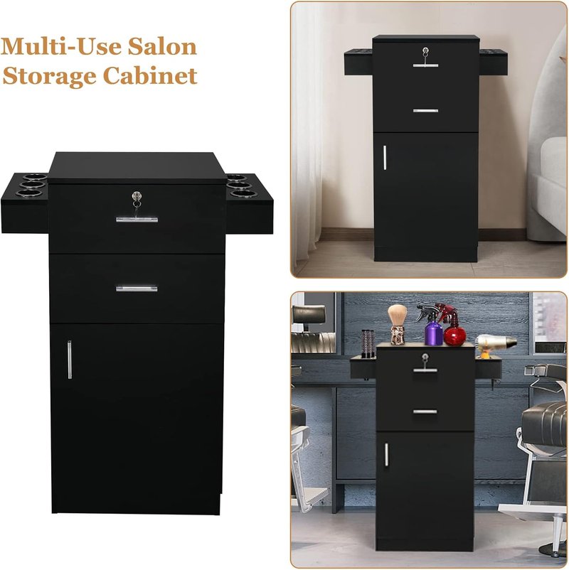 OmySalon Hair Stylist Salon Station - Large Storage Cabinet with 2 Drawers & 6 Hair Dryer Holders | Black