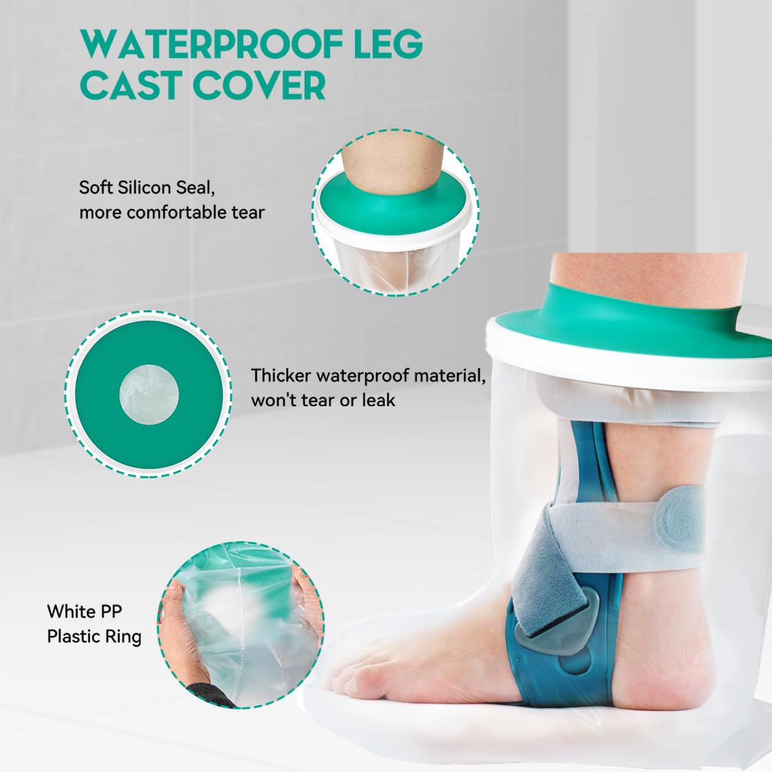 Waterproof Foot Cover for Shower Adult Teens with Upgraded Anti--Pooling Design DESIGN , Shower Boots for Foot after Surgery, Watertight Ankle Cast Protector Showeing Boot Cover for Surgery Bandage Dressing Wound, Reusable