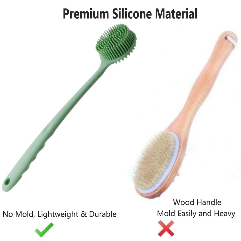 Cinlitek Silicone Body Scrubber - Long Handle Exfoliating Shower Brush for Men, Women & Kids - Free Hook