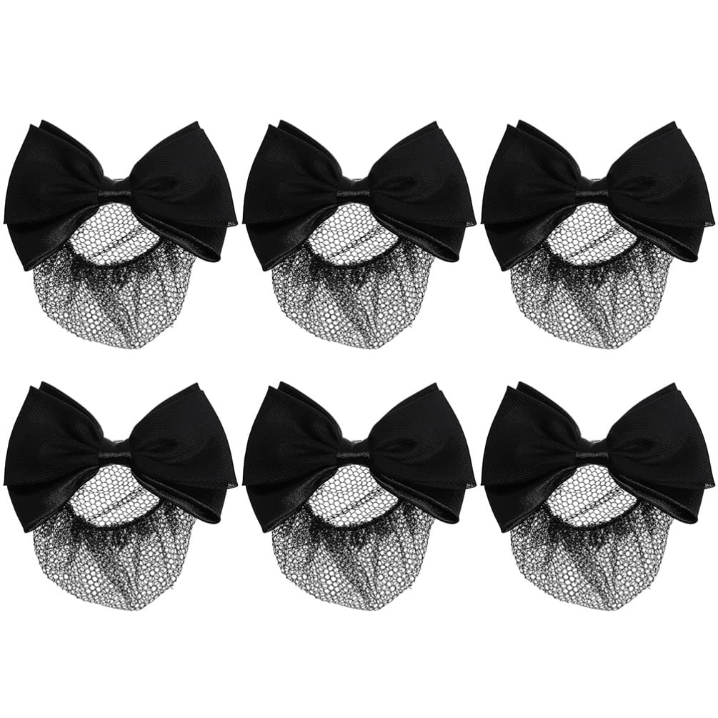 Uonlytech Hair Pin, 6pcs Bowknot Hair Snood Net Barrettes, Ribbon Barrette With Net Chignon Hair Bun Cover Mesh Clip Hair Tie for Women Girls Dancer, Black