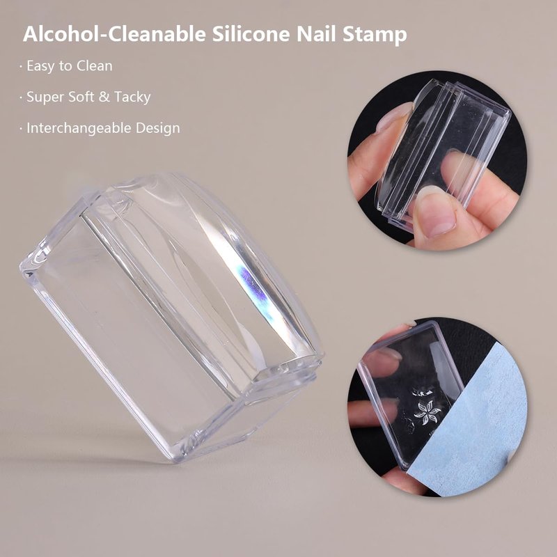 FSpronail French Tip Nail Stamper, Clear Silicone French Tip Tool with Nail Scraper Alcohol-Washable Soft Jelly Stamp Head Manicure Guide for Gel Polish Printing Design Home Salon Nail Art Supplies