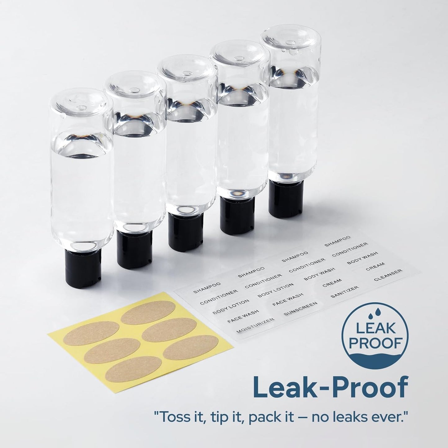 Skiennix Travel Bottles - 3.4 oz TSA Approved Leak Proof Containers | 5 Pack Clear Squeezable Bottles for Shampoo & Lotion