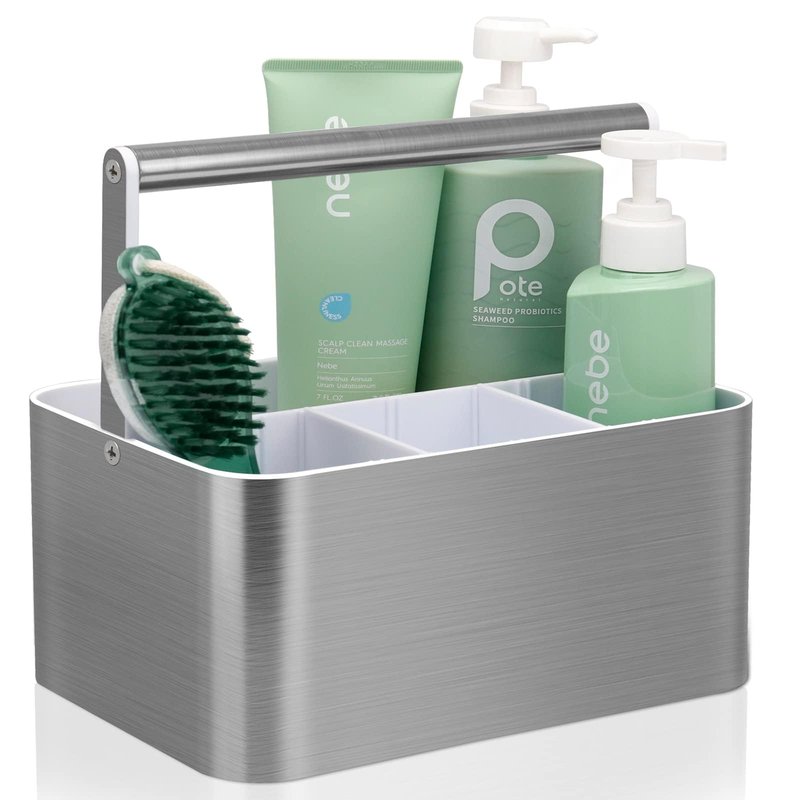 BYUNER Plastic Shower Caddy Dorm - Portable Bathroom Caddy Organizer with Handle and Divider for College Dorm & Shared Bathroom, Hard Shower Tote for Toiletry, Brushed Nickel White