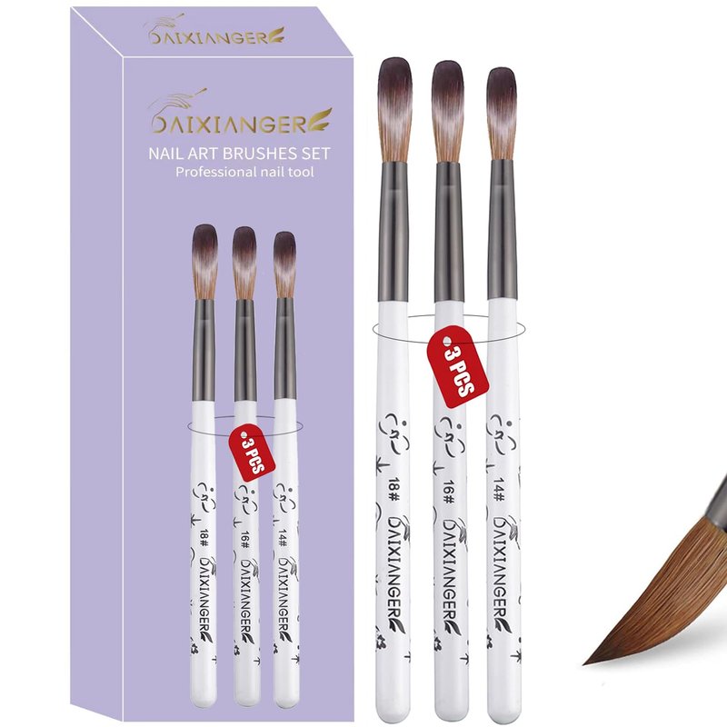 DAIXIANGER 3PCS Acrylic Nail Brush Set,Size 14/16/18 Professional Nail Brushes for Acrylic Application Extension and 3D Carving for Nail Home Salon DIY