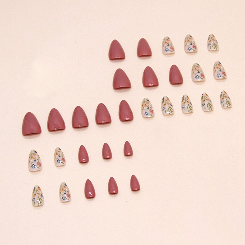 Short Press On Almond Fake Nails - Flower Acrylic Fall Nails Press Ons Full Cover Glue On Cute False Floral Stick On Nails for Women - 30 Pcs