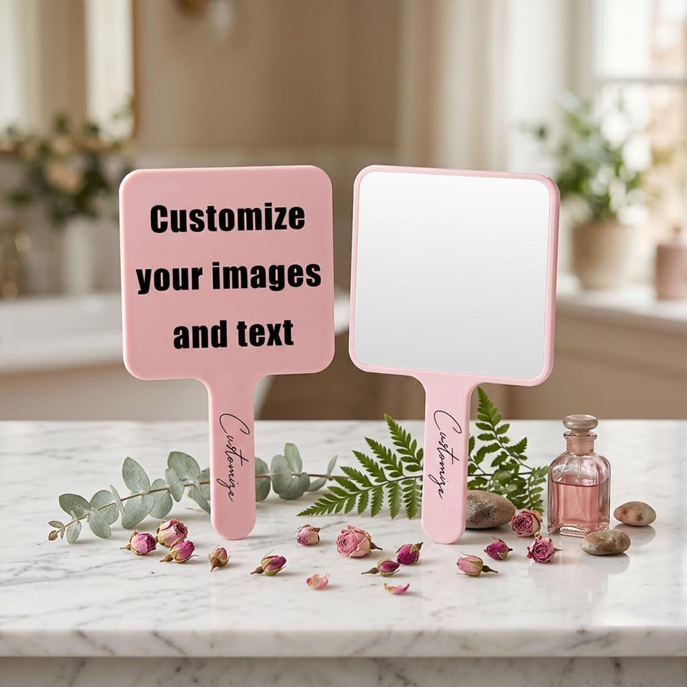 Solarix Handheld Makeup Mirror - Personalized Image & Text | Portable Square Vanity Mirror 15.7x9cm