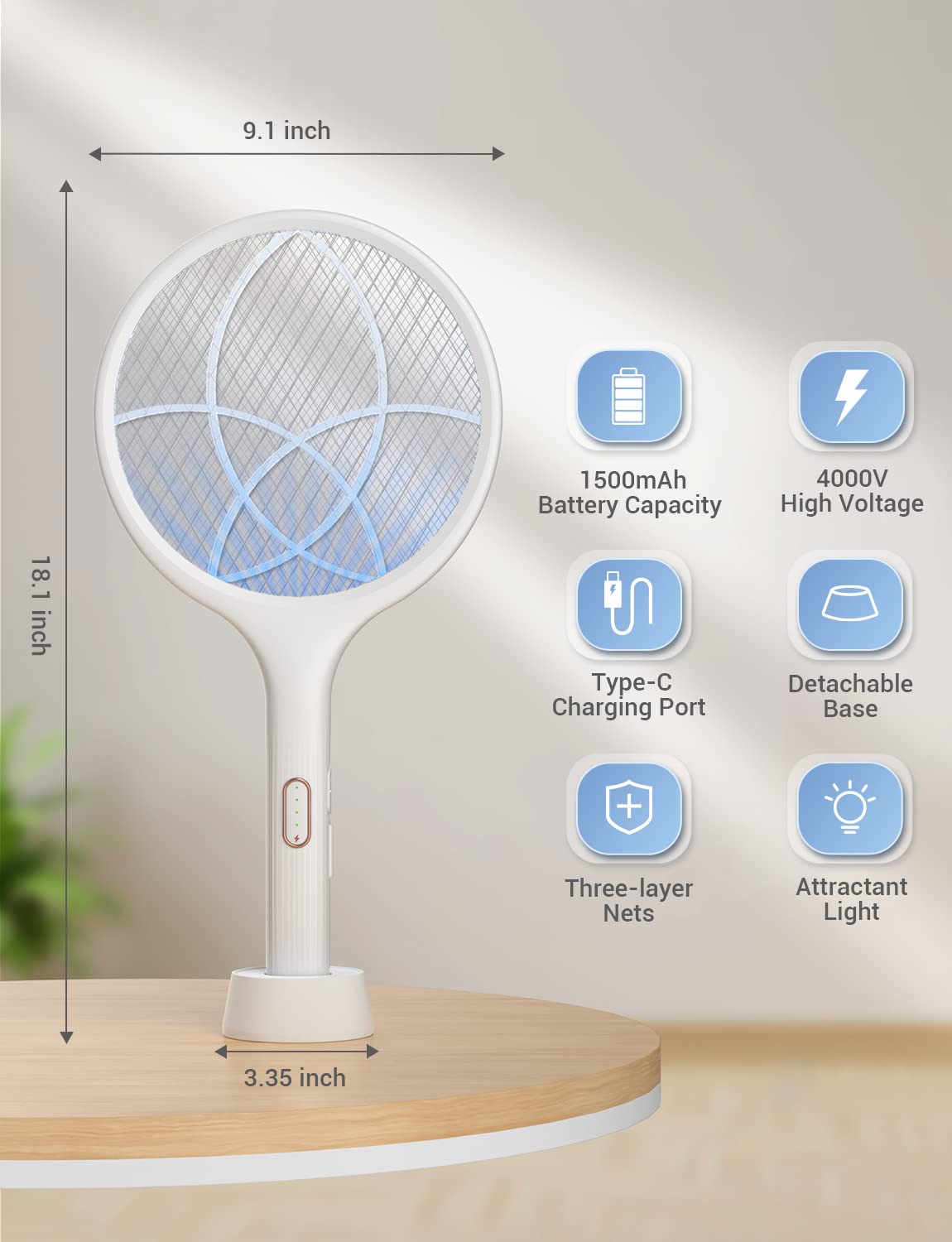 YISSVIC Electric Fly Swatter 4000V Bug Zapper Racket Dual Modes Mosquito Killer with Purple Mosquito Light Rechargeable for Indoor Home Office Backyard Patio Camping (2, White)