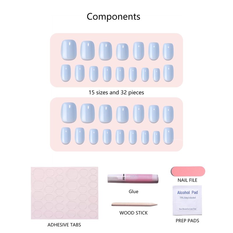 Short Square Press On Nails (Soft Sky) Reusable Natural Stick On Nails with Glue in 15 Sizes – 32 Soft Gel Fake Nails Kit
