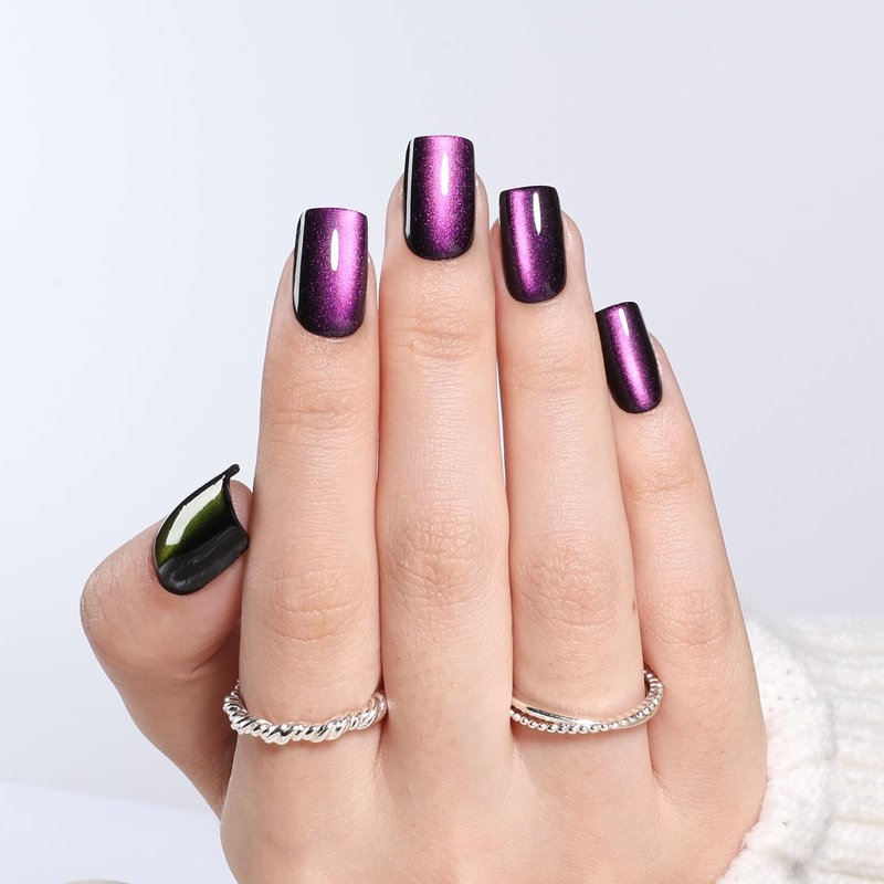 Purple Cat Eye Press On Nails Square - Dark Purple Short Square Fake Nails, Short Cateye Press On Nails Reusable Stick On Nails in 16 Sizes, 32pcs False Nail Kit for Women & Girls(Silent Amethyst)