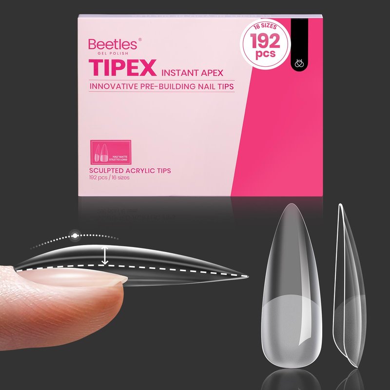 Beetles Tipex Instant Apex Nail Tips, Stiletto Long, 16 Sizes (00–14), 192pcs, Built-In Apex, No Builder Gel Required, Thicker Strong Acrylic Tips for DIY Nail Extensions