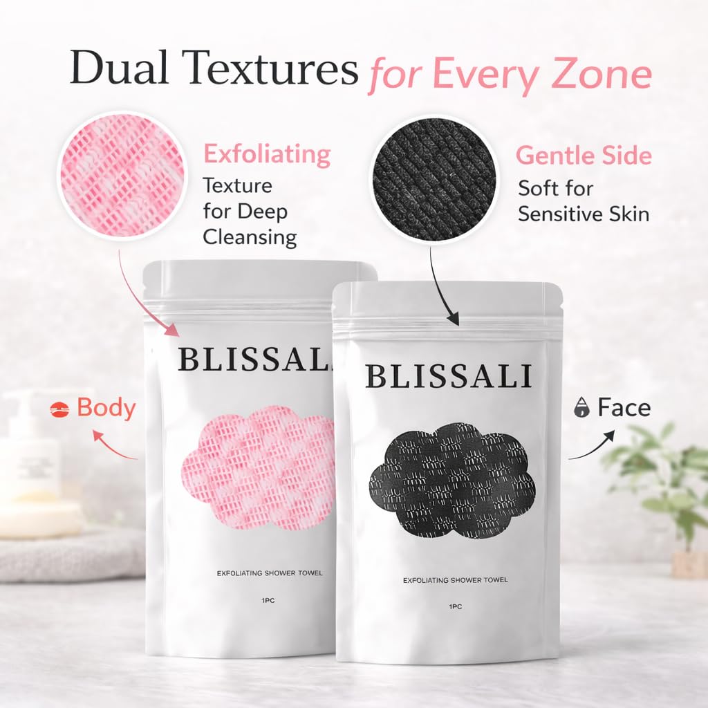 Blissal Exfoliating Shower Towel,Deep Exfoliating, Soft Gentle & Quick-Drying Shower Towel for Body Scrub 48inch-Body Scrubber for All Skin Types 2pack