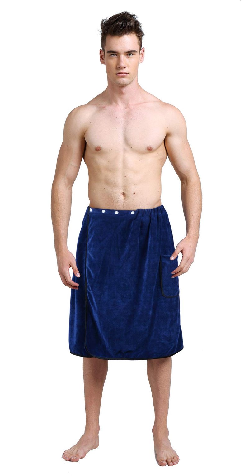 SINLAND Microfiber Men’s Bath Wrap Spa Sauna Wrap Around Towel Bath Towels with Adjustable Snap on Closure Suitablefor Shower Spa Sauna 24inch x 63inch Navy Blue