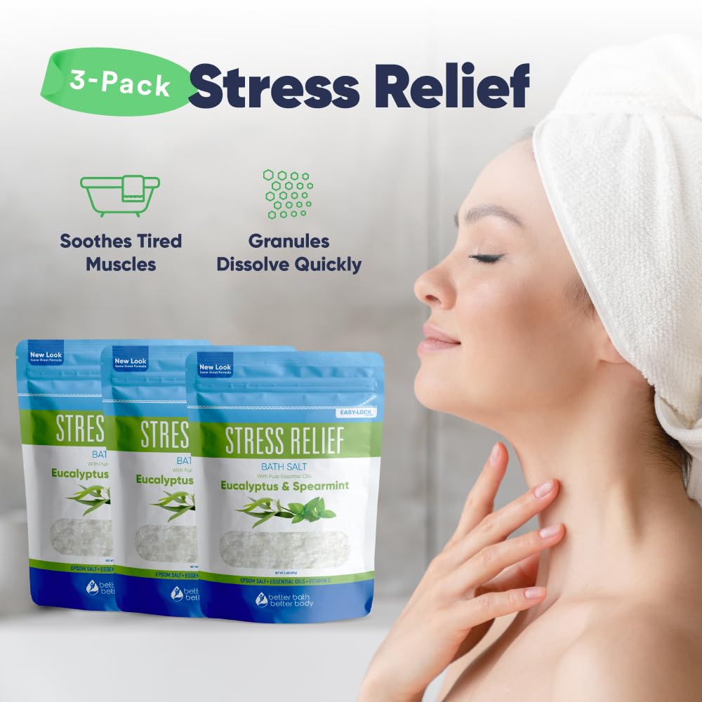 Stress Relief Bath Salt (3 Pack) Epsom Salt Relaxing Bath with Eucalyptus and Spearmint Essential Oils Plus Vitamin C Crystals in BPA Free Pouch Made in USA 2 lbs Pouches 6 Lbs Total