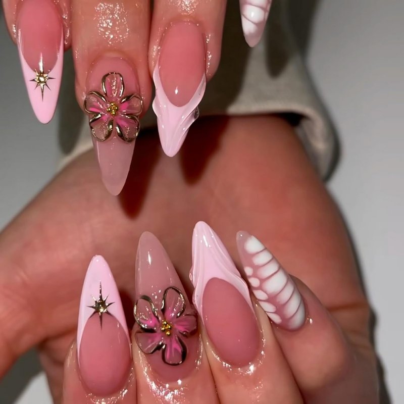 Handmade Flower Press-On Nails | Long Stiletto French Tip Design with Floral Rhinestones - Pink Almond, 24 Pcs