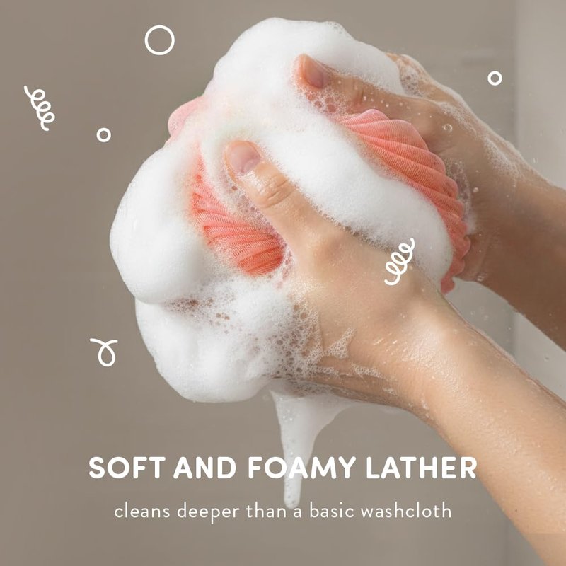 Éclat Mesh Bath Sponge Loofah Ball, Soft Exfoliating Body Scrubber for Wash, Rich-Lather Nylon Net Puff with Quick-Dry Hanging Loop, Gentle Daily Cleanser (Orange/Grey, 2Pcs)