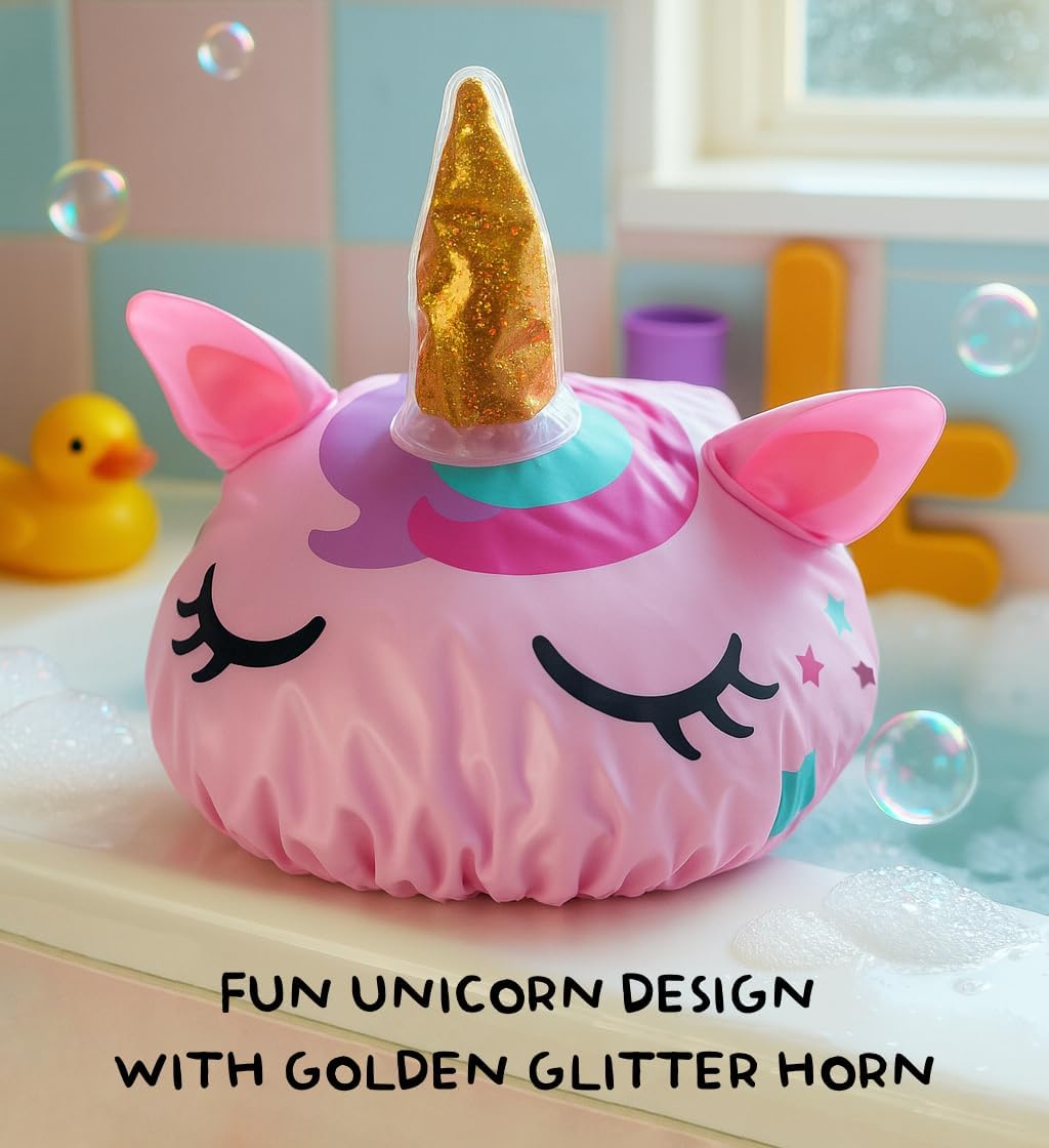 Cute Shower Cap for Kids, Kids Shower Cap for Girls, Cute Waterproof Kid Hat for Girl, Reusable - Unicorn Design