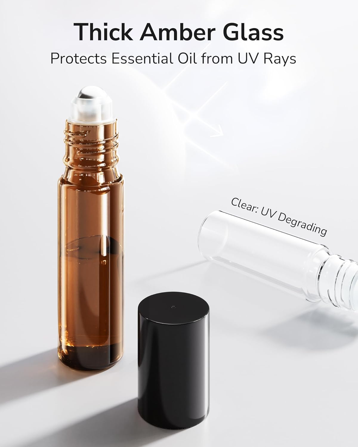 ULG 48-Pack Essential Oil Roller Bottles - 10ml Amber Bottles with Stainless Steel Roller Balls & Waterproof Labels