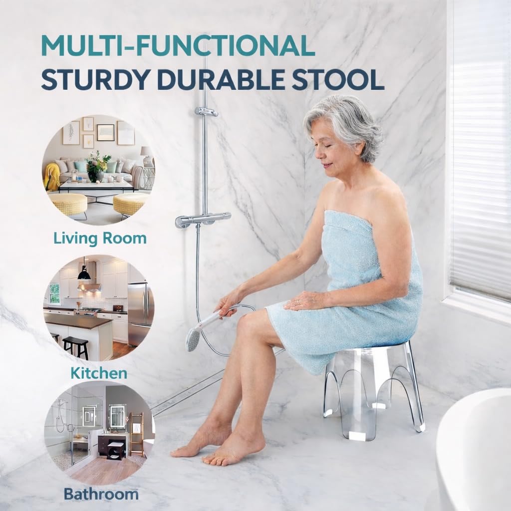 ZORAVIVE Acrylic Small Shower Stool for Inside Shower - Waterproof Bathroom Stool Clear Shower Stool for Shaving Legs, Corner Round Stool with Anti-Slip for Small Spaces, 300 lb, Tool-Free Assembly
