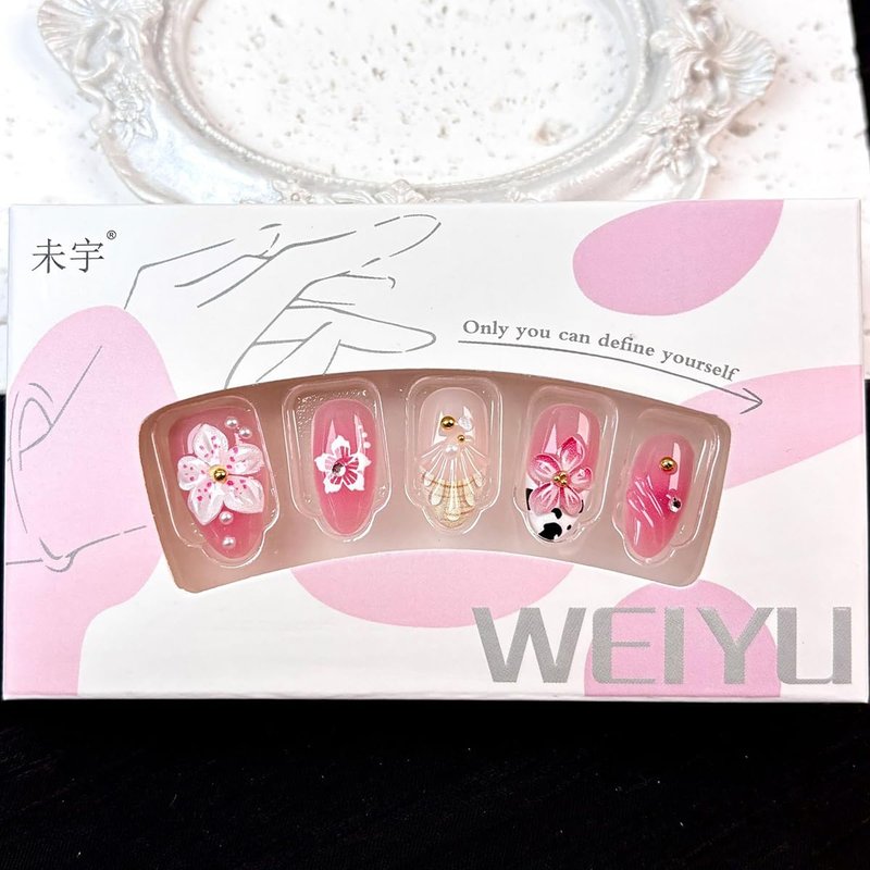 French Tip Press On Nails Pink Cherry Blossom - 3D Floral Almond Fake Nails with Cow Print, Pearl & Rhinestone, Reusable Glitter False Nails for Women Wedding Party Daily (30PCS)