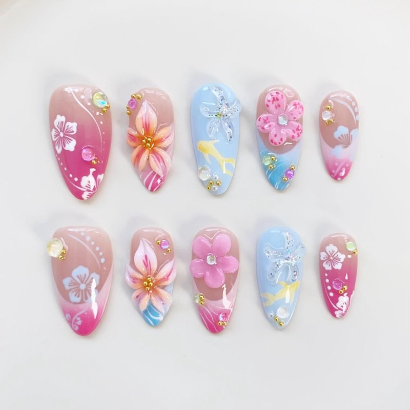 30Pcs 3D Tropical Flower Press on Nails Medium Almond Handmade Fake Nails with Hibiscus Floral Starfish Designs Pink Blue Gradient French Tip False Nails Reusable Summer Beach Acrylic Nails for Women