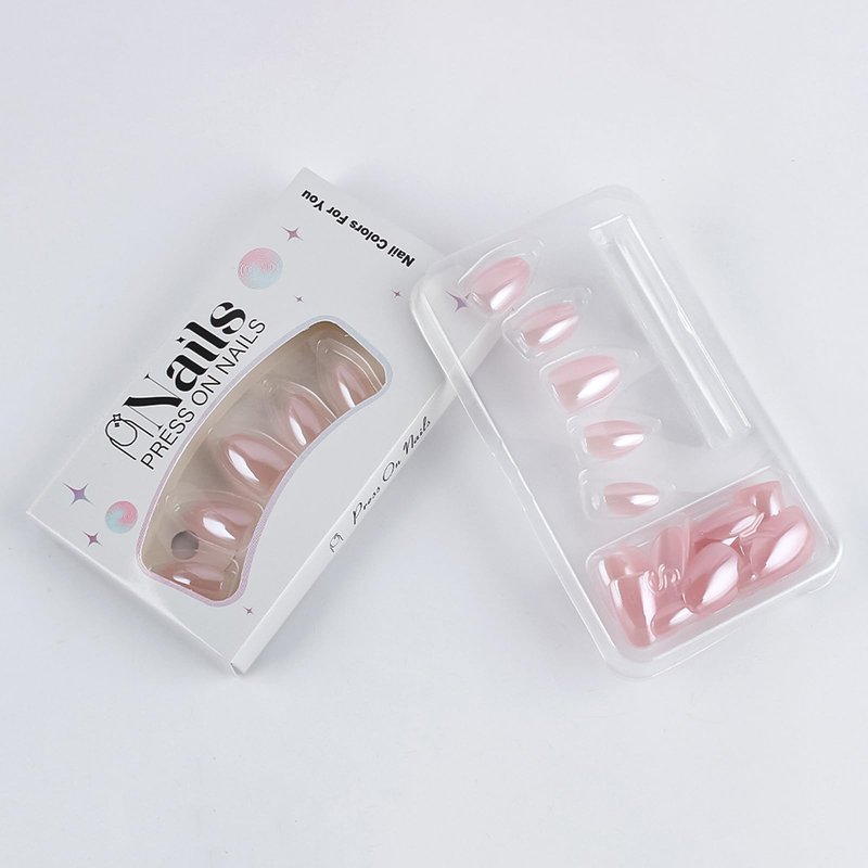 32pcs Almond Press On Nails Short Fake Nails Nude Pink False Nails With Chrome Design Full Cover Artificial Glossy Cute Acrylic Nail Mirror Metal Stick On Nail For Women