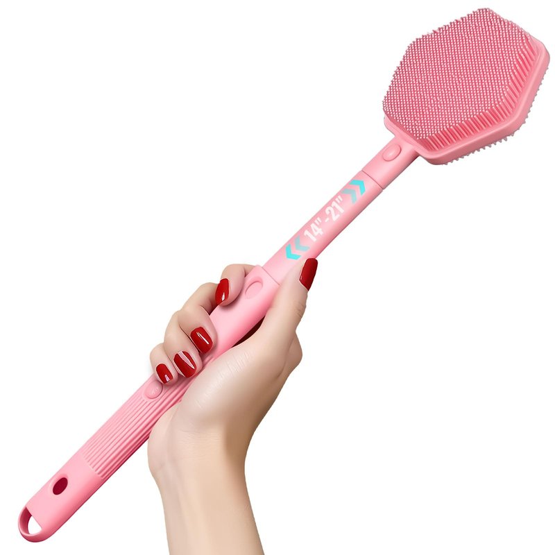 AIMAIAIMAI Silicone Back Scrubber for Shower – 21in Extendable Shower Brush with Long Handle – Dual-Sided Back Brush with Non-Slip Grip, Gentle Cleansing & Exfoliation for Men, Women, Elderly (Pink)