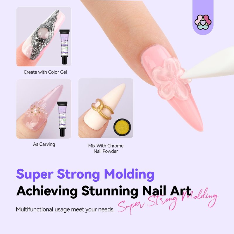 SAVILAND Clear 3D Nail Gel Kit: 15g No Wipe 3D Sculpting Gel with Metallic Gold Silver Chrome Powder for Nail Art Carving, Molding & Painting Home DIY Salon Manicure Supplies