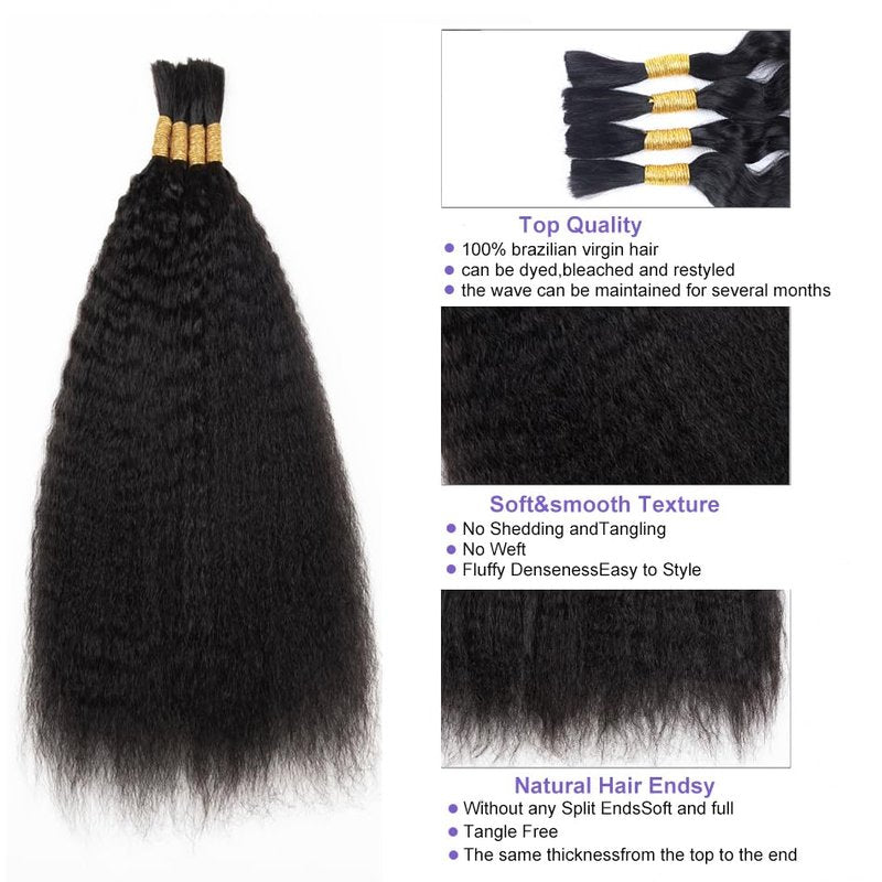 Kinky Straight Human Braiding Hair - No Weft Yaki Bulk Hair for Boho Braids | 14 Inch Natural Black, 100g (4PCS)