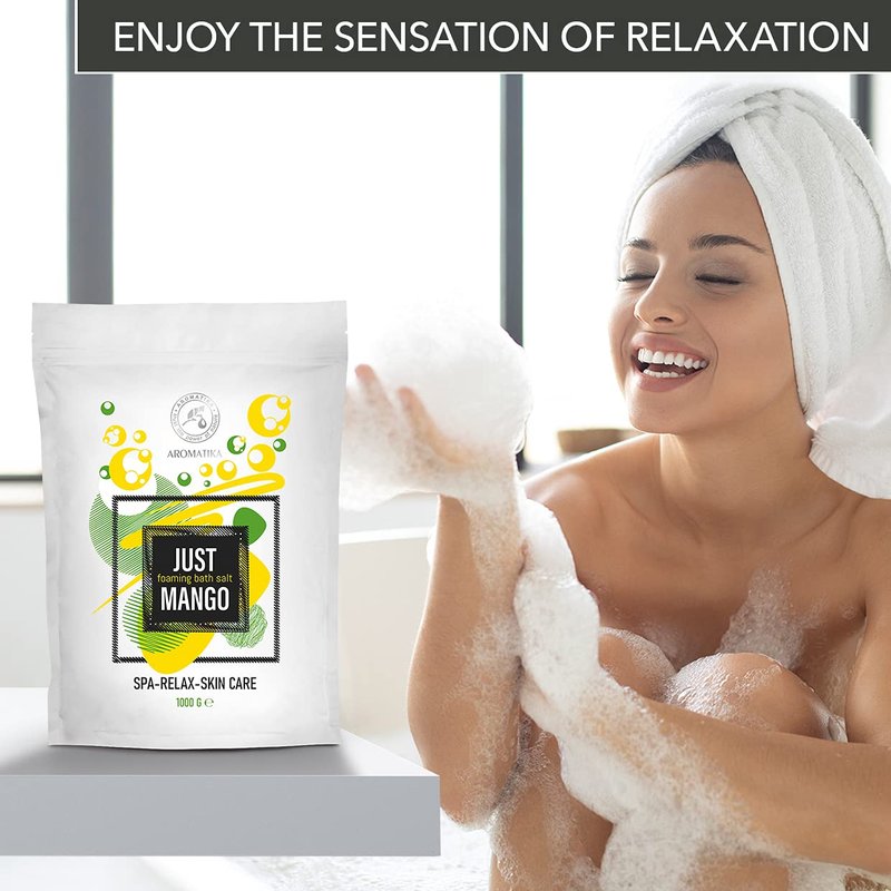Foaming Bath Sea Salt Mango 35 Oz (1000g) - Bubble Bath Salts with Almond & Grape Seed Essential Oil & Mango Fruit Extract for Bath Soak - Relaxing Bath - Relaxation - Aromatherapy Bath Salts