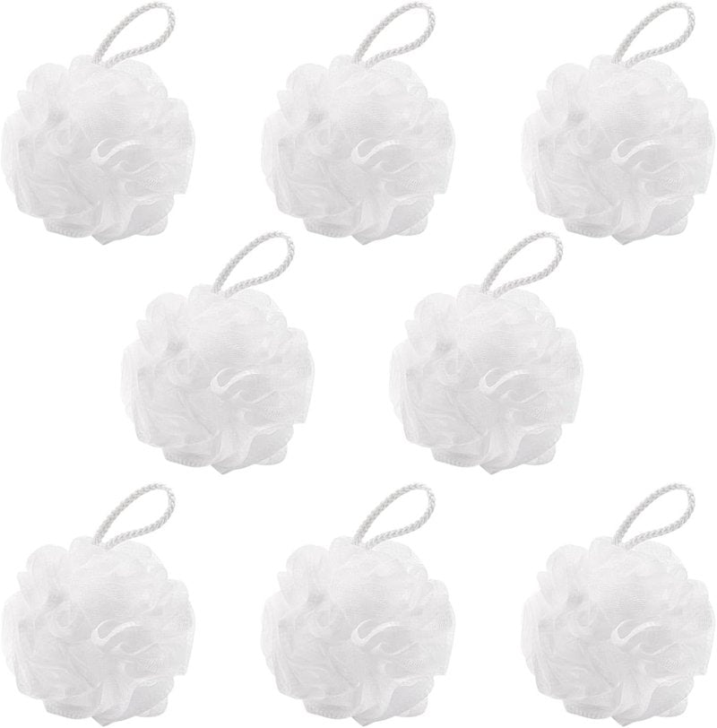 Skiennix 8Pcs Small Loofah Bath Sponge Set - Travel Size Exfoliating Shower Puff | White, 35g Each