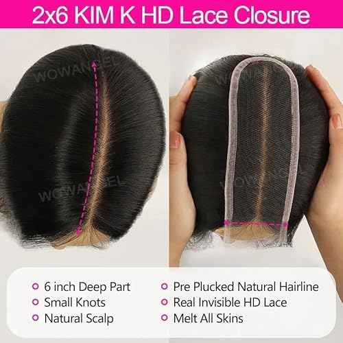 WOWANGEL 2x6 SKINLIKE Real HD Lace Closure Only, 0.1mm Ultra-thin Invisible Transparent HD Lace Body Wave Pre Plucked with Small Hair Knots 12A Unprocessed Virgin Human Hair 14 Inch