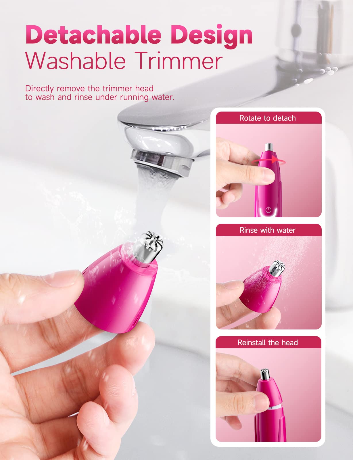ZORAMI Rechargeable Ear and Nose Hair Trimmer - 2026 Professional Painless Eyebrow & Facial Hair Trimmer for Men Women, Powerful Motor and Dual-Edge Blades for Smoother Cutting Magenta