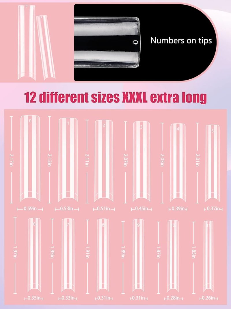 LIONVISON 504PCS Clear Nail Tips - 3XL Extra Long Flat Tapered Square for Acrylic Nails | 12 Sizes