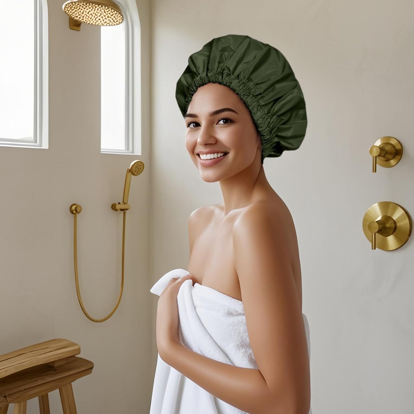 Skiennix Reusable Shower Cap - Large Waterproof Hair Bonnet with Elastic Band for Long, Curly Hair | Pink & Green