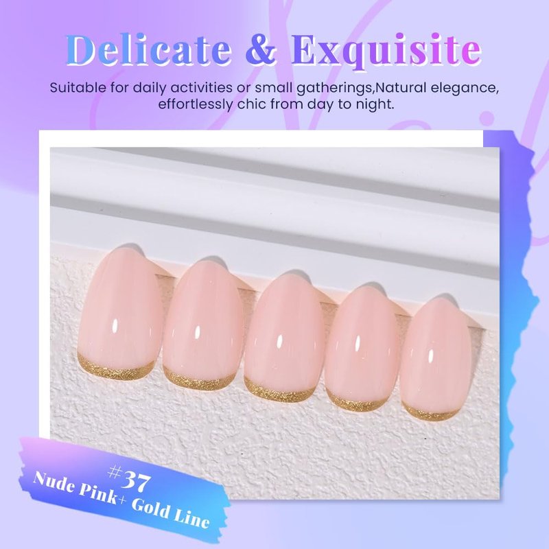 evpct Nude Pink French Press on Nails Short Almond, Short Gold Foil Stick on Nails for Women Gift,Nude Pink Glossy Fake Nail Reusable Soft Gel Press on Acrylic Fake Nail kit with Gold Line Design