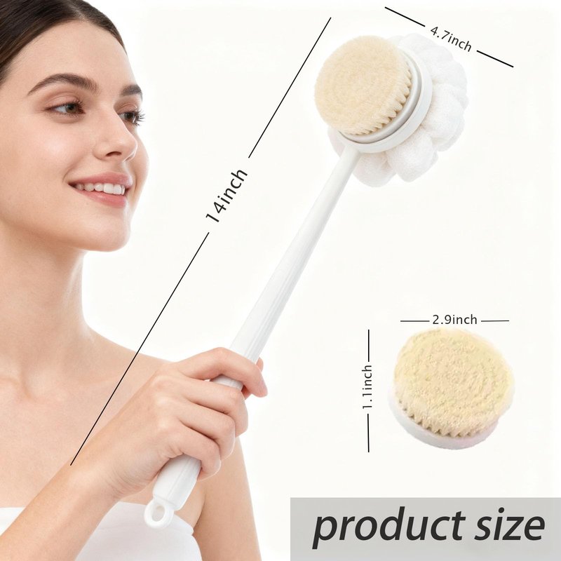 Body Brush with Bristles and Loofah, Long Handle Back Scrubber for Shower - Anti-Slip Shower and Bath Brush for Men and Women