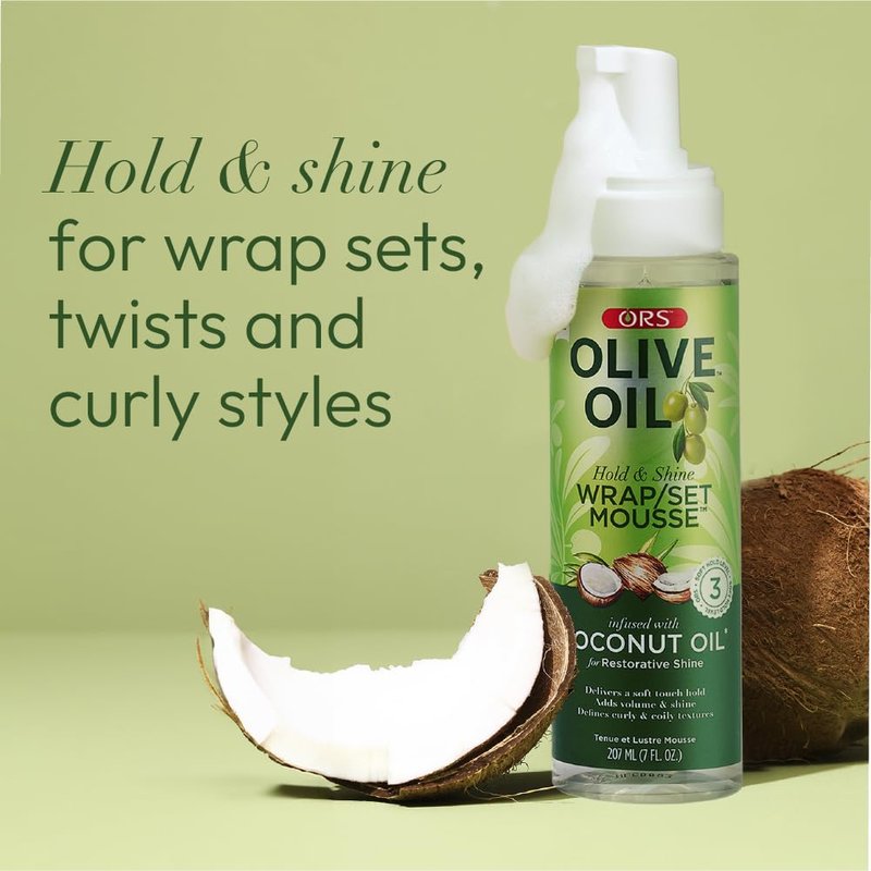ORS Olive Oil Hold & Shine Wrap Set Mousse Infused with Coconut Oil for Restorative Shine 7 Ounce (Pack of 2)