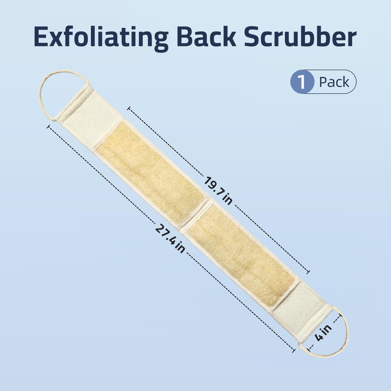 Exfoliating Back Scrubber for Shower, Dual-Sided Design Bath Sponge with Handles, Long Natural Loofah Exfoliator for Men and Women, Deep Skin Exfoliation, 1 Pack