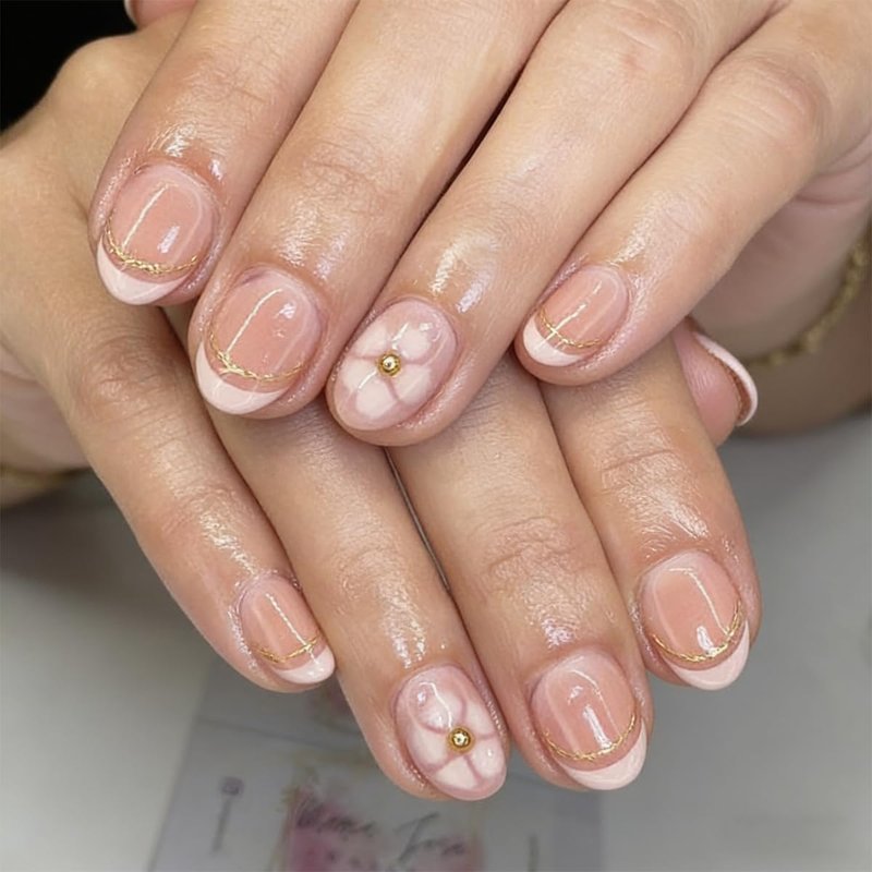 Nude Pink Press on Nails Short Almond Fake Nails with 3D Flower & Gold Line Accents Glossy French Tip False Nails for Daily Wear, Wedding & Date Night, Reusable 24Pcs Nail Kit for Women