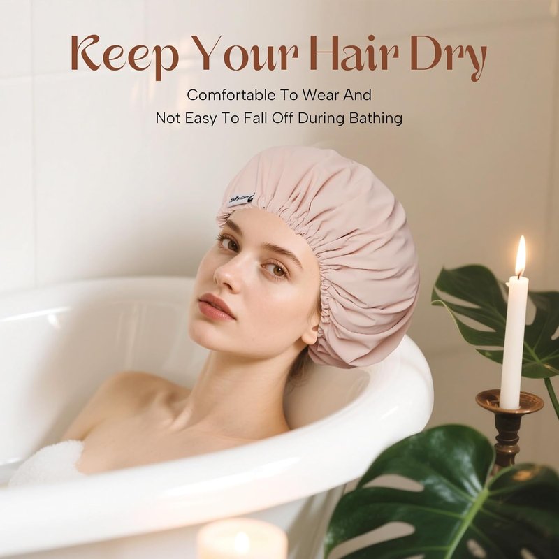 Reusable Waterproof Shower Cap for Women - Double-Layer Hair Protection | Light Pink, One Size