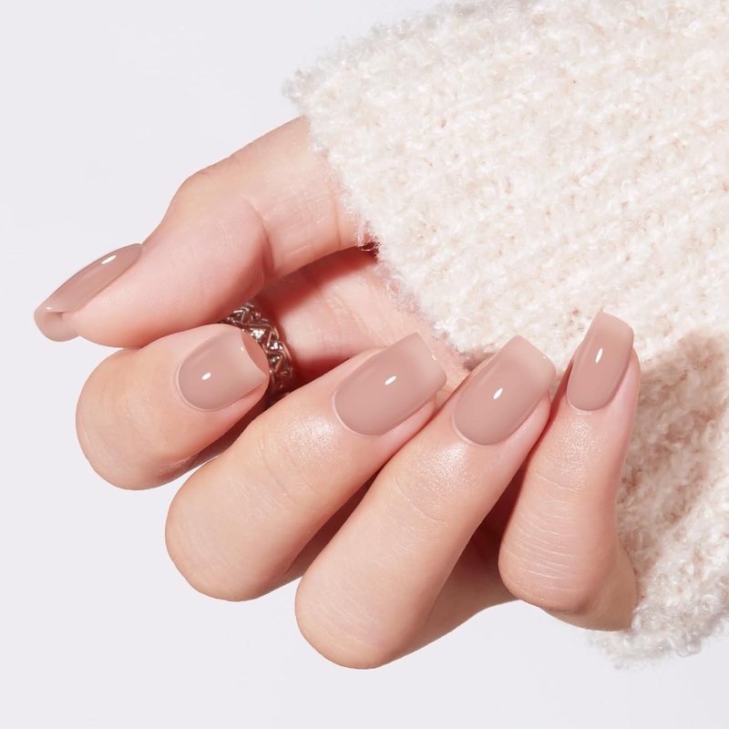 Modelones Nude Press-On Nails - Short Square Jelly Fake Nails | Reusable 32 Pcs Nail Kit with Glue & File