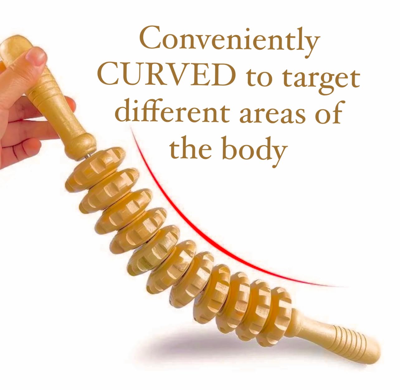 Wood Massage Roller. Curved Design to Target Different Areas of the Body. Relieves Muscle Tension + Improves Circulation + Reduces Signs of Cellulite + Promotes Relaxation.