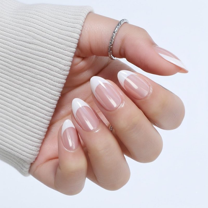 **Press On Nails - Almond French Tip Soft Gel Kit | 32 Reusable Chrome Fake Nails, 16 Sizes**