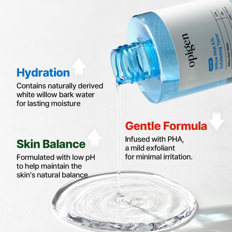 opigen Low pH Willow PHA 5% Exfoliating Toner, Gentle Daily Toner for Brightening, Smoothing, and Clearer-Looking Skin, 7.1 Fl Oz Korean Skin Care