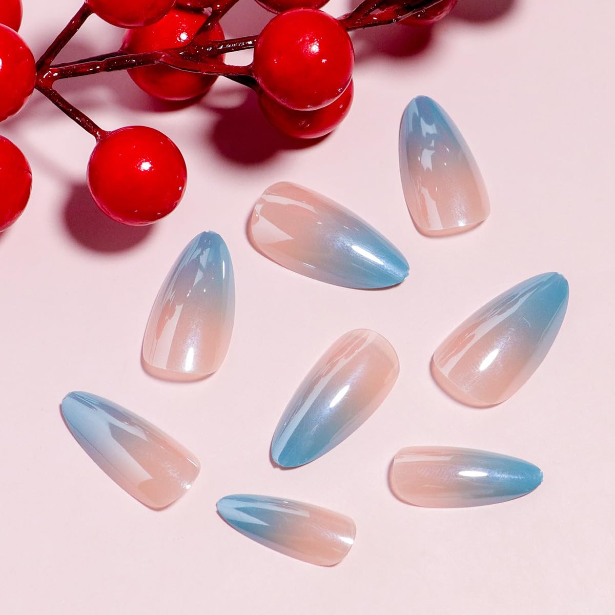 TOGZOM Almond Press on Nails Medium Blue Ombre Fake Nails Chrome Mirror Acrylic Nails Glossy Shiny False Nails Gradation Glue on Nails Artificial Stick on Nails for Women Manicure 24Pcs, Style9