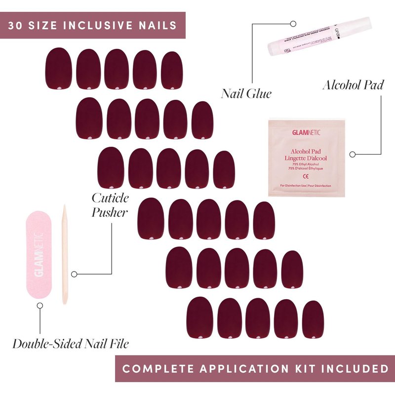 Glamnetic Press On Nails - Berry Maroon | Salon Quality Dark Red Short Round Nails - 30 Piece Kit with Glue