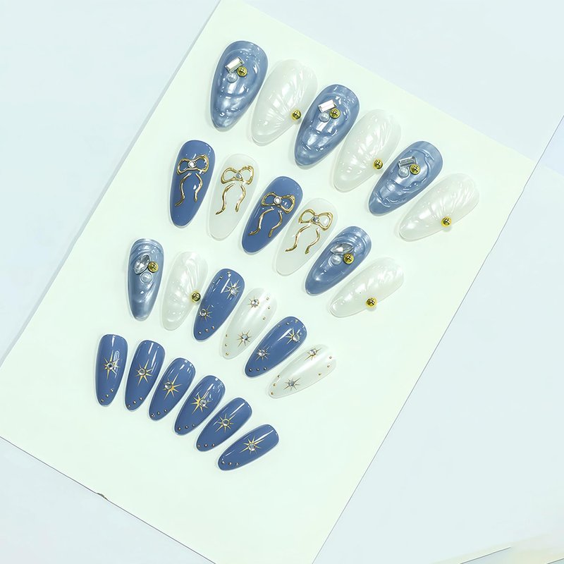 Skiennix 24Pcs Press-On Nails - Medium Almond French Tip with Bow & Star Design | Blue Acrylic Full Cover