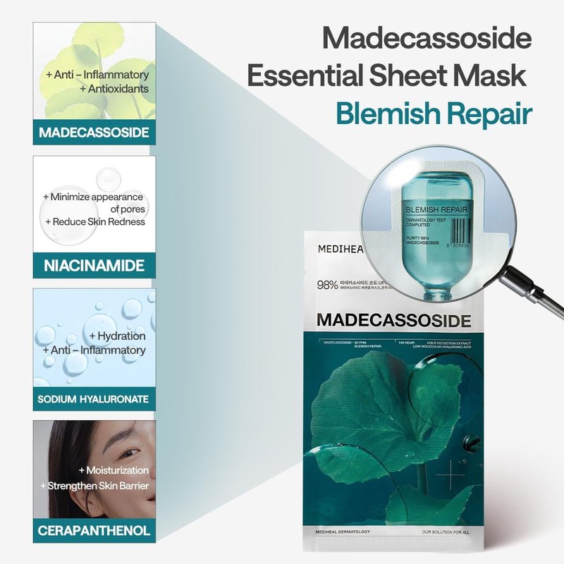 Mediheal Essential Face Mask [Madecassoside] Blemish Repair 10 pcs. with 98% Purity Madecassoside & Hyaluronic Acid - Soothing Care, Hydrating- Travel Essentials, Vegan Formula Korean Sheet Mask