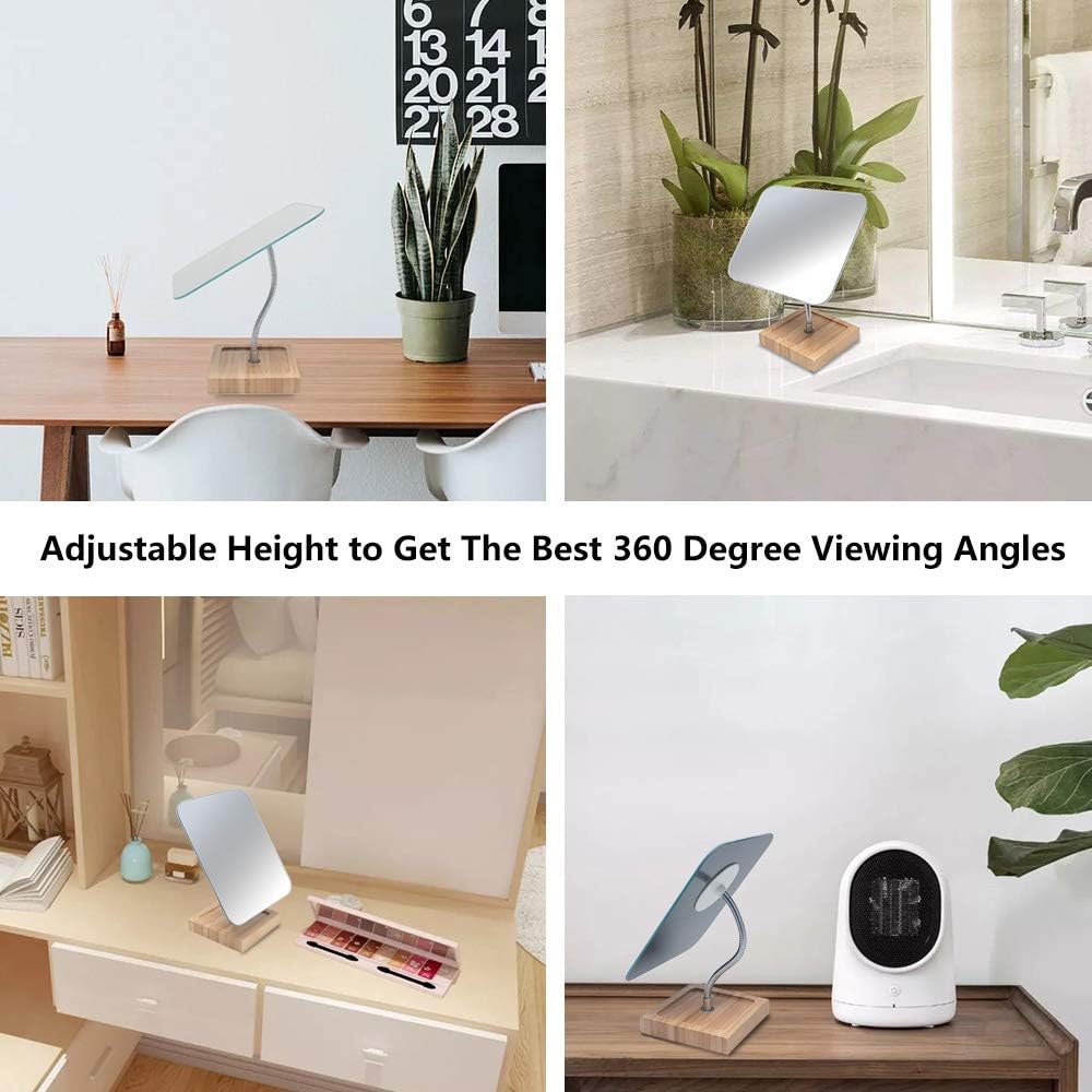 YEAKE 8" Large Flexible Gooseneck Bamboo Vanity Makeup Mirror - 360° Rotation, Portable Folding Design